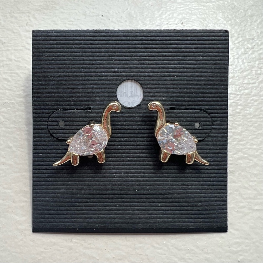 Dry Goods Gold Dinosaur Earrings with Clear Gemstones